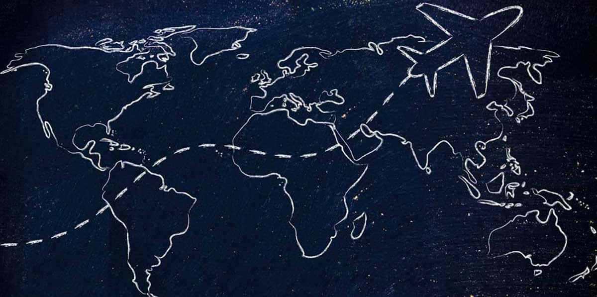 desenho de mapa mundi com rota de avioes