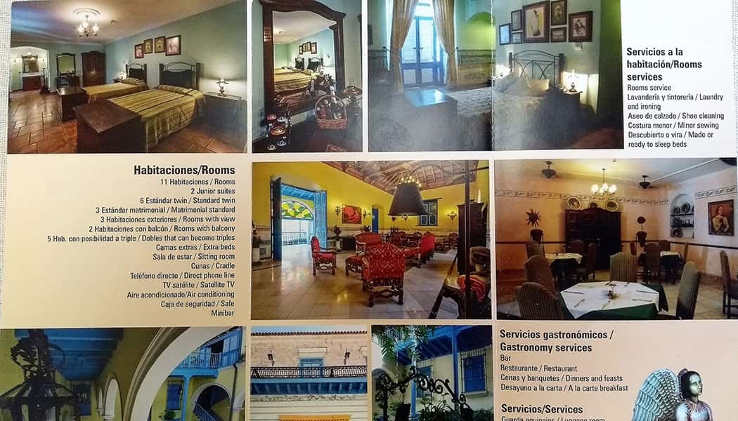 foto tirada de um Folder de um Hotel chamado Beltran de Santa Cruz, mostrando os quartos e a decoração em Havana-Cuba