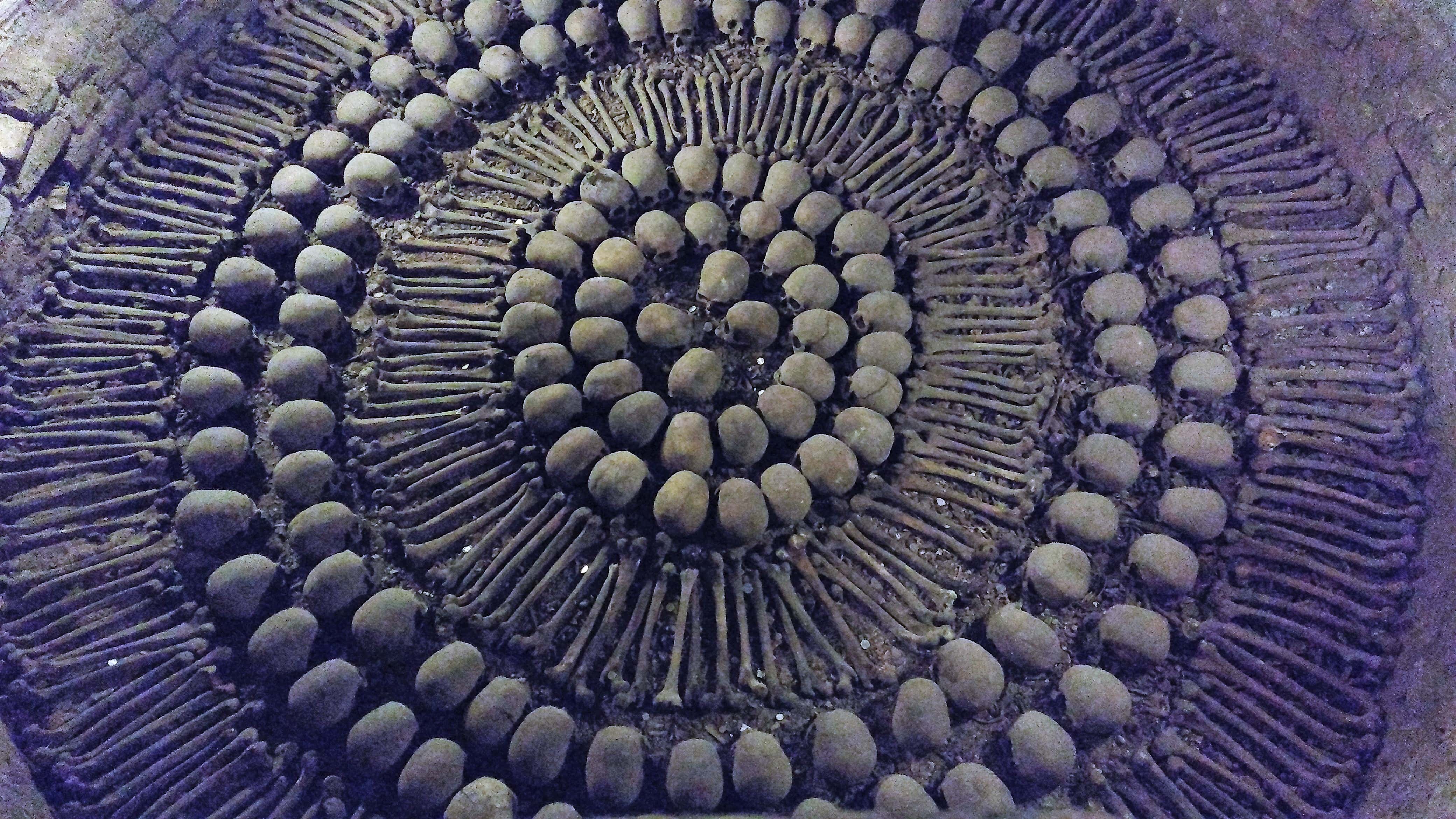 foto dos cranios e femures nas catacumbas do Monastério de Sao Francisco em Lima, Peru