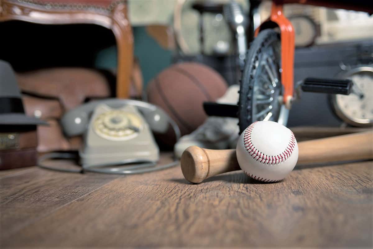 bola de tenis, taco, roda de bicicleta, telefone, bola de beisebol: brinquedos na mala