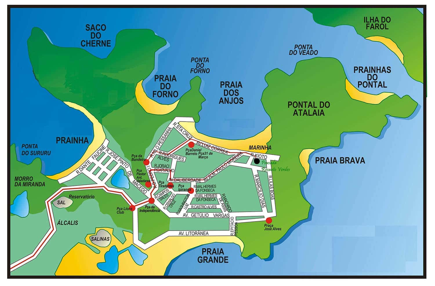 Mapa mostra Praias de Arraial do Cabo